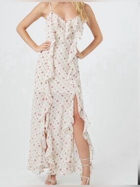 Anthro Sim Sam Floral Ruffle Maxi Dress - White with Pink Floral